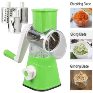 Multi-functional tabletop drum grater with stainless steel blades, perfect for slicing, shredding, and grating