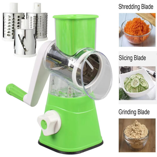 Multi-functional tabletop drum grater with stainless steel blades, perfect for slicing, shredding, and grating
